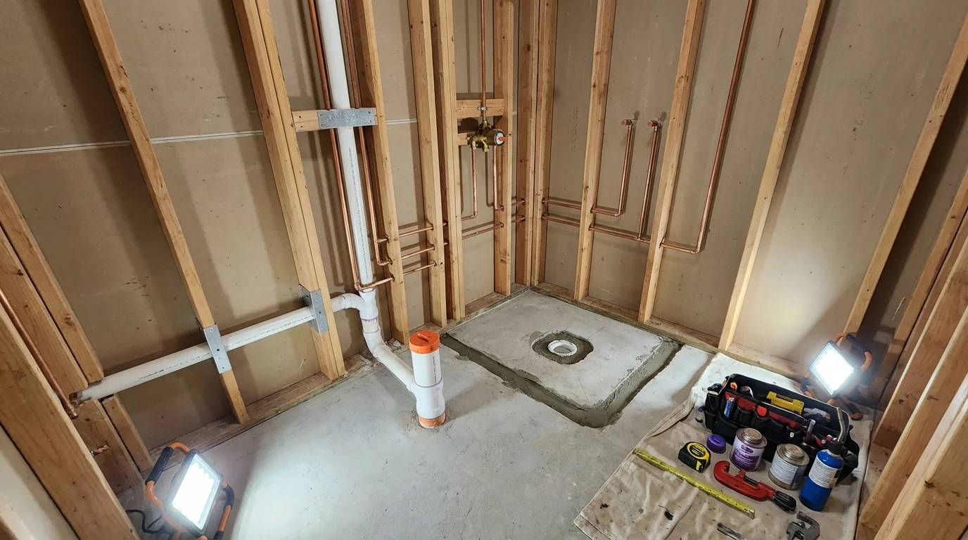 Bathroom rough-in plumbing during remodel by Johns Plumbing LLC in Adamstown