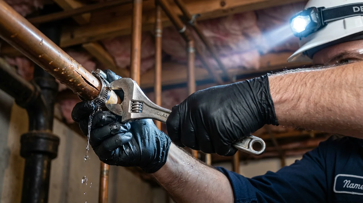 Emergency pipe clamp repair being performed by a Johns Plumbing LLC plumber in Adamstown