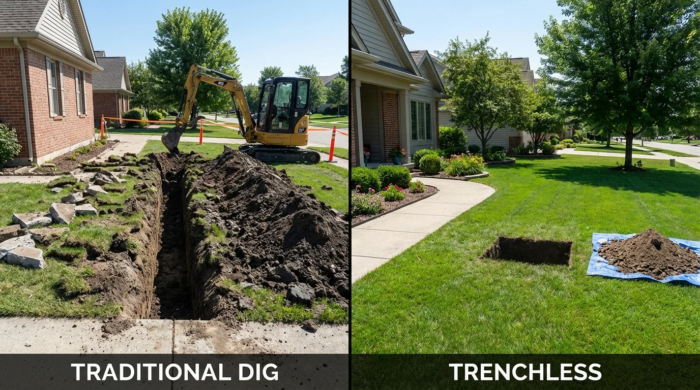 Trenchless sewer repair with minimal yard damage versus traditional excavation in Adamstown, PA