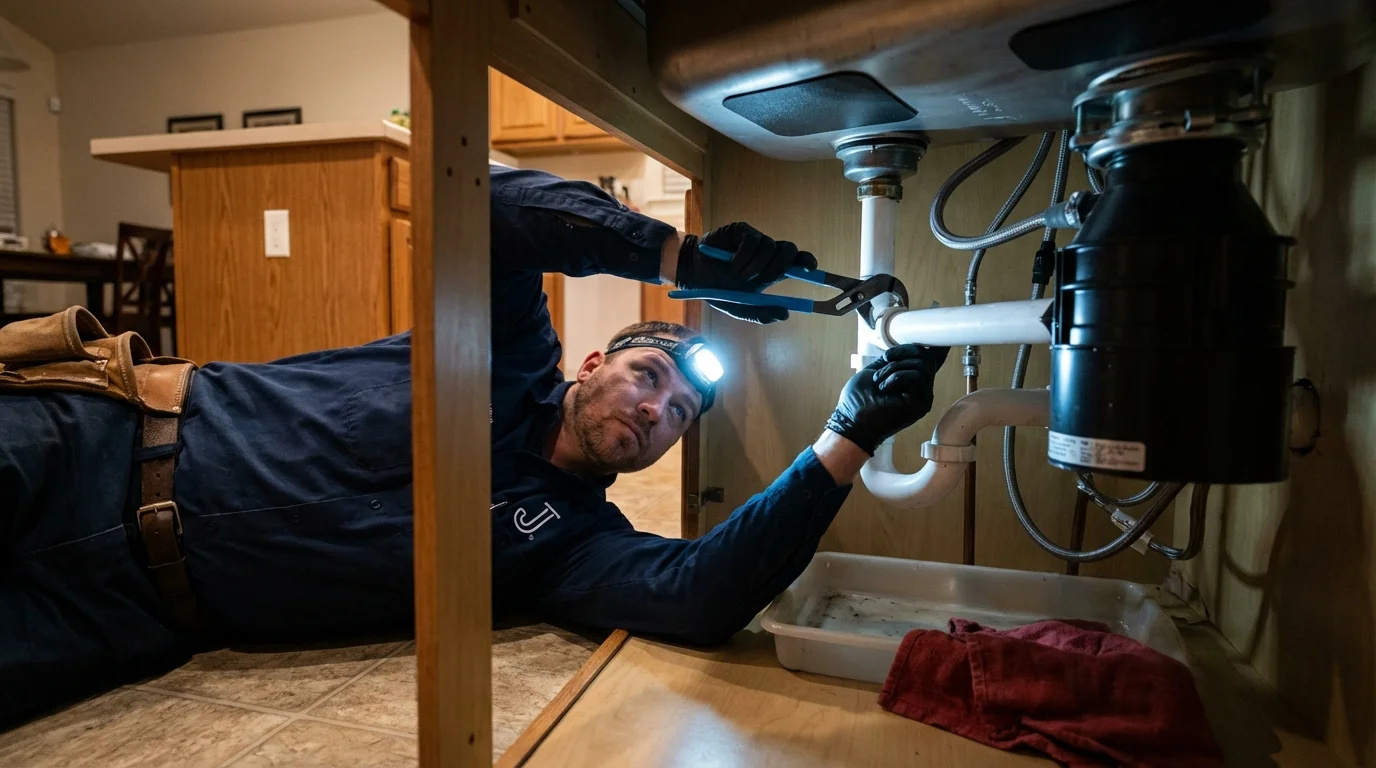 P-trap and supply line connections under a kitchen sink showing a common leak point in Adamstown, PA